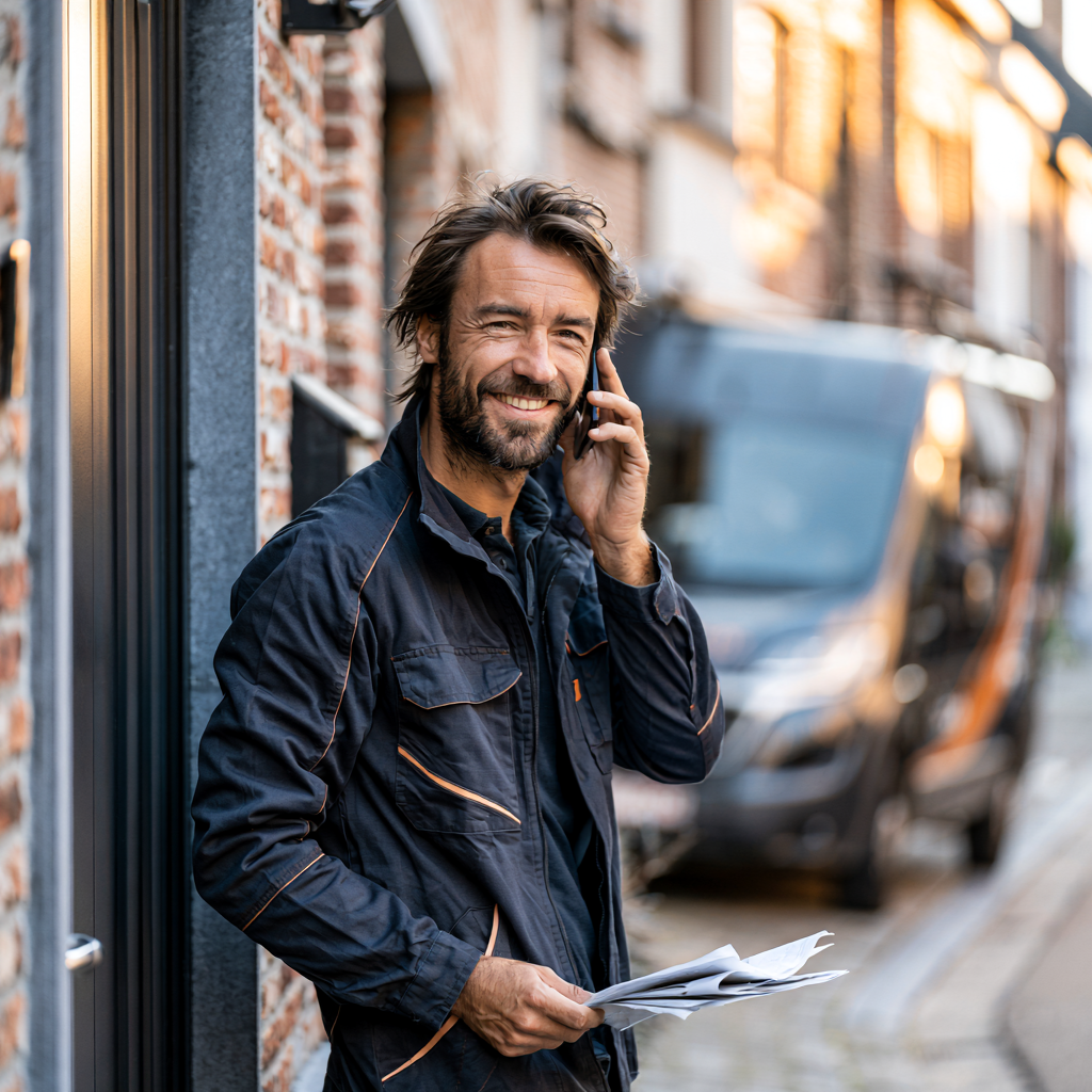Technieker aan de telefoon bij zijn bestelwagen