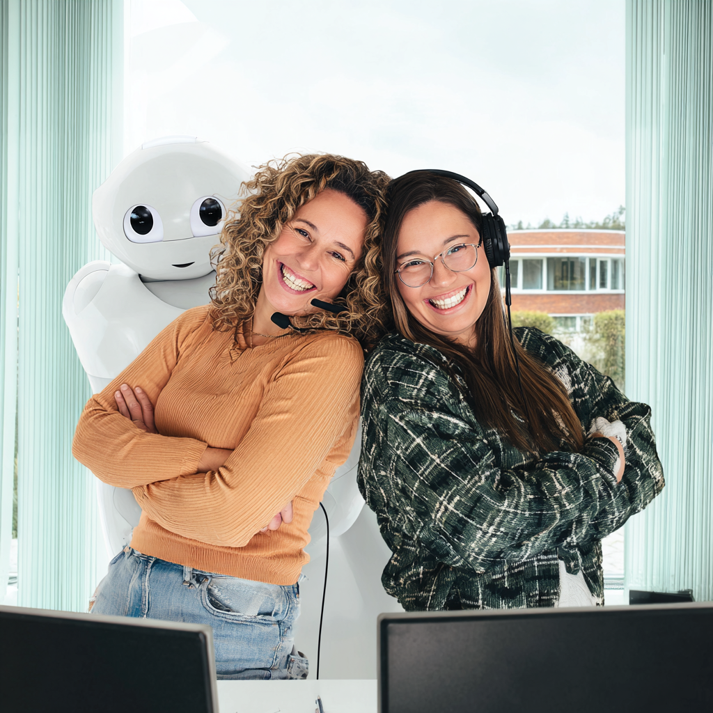 Memo·Offitel medewerksters met headset naast Pepper-robot