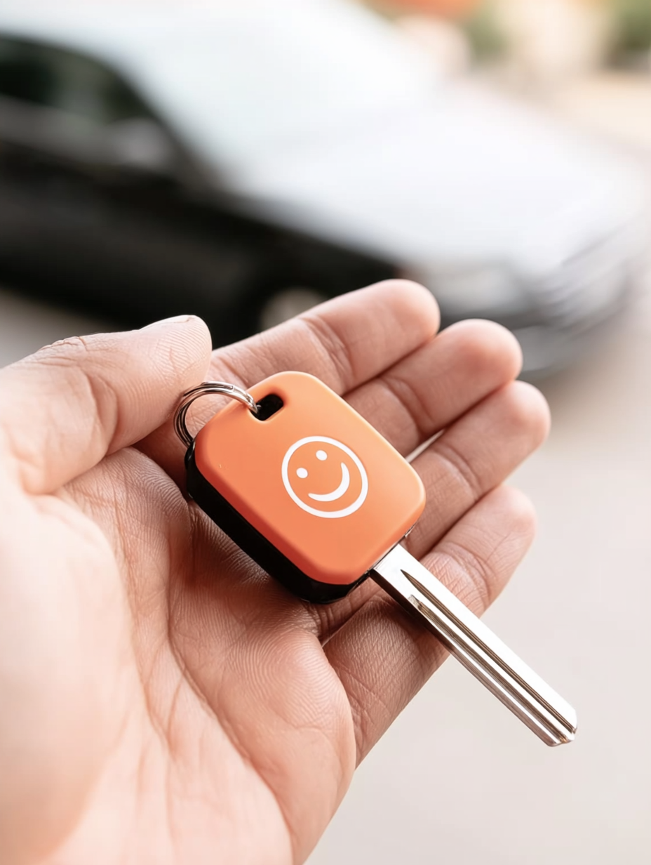 Hand met autosleutel en oranje smiley-sleutelhanger