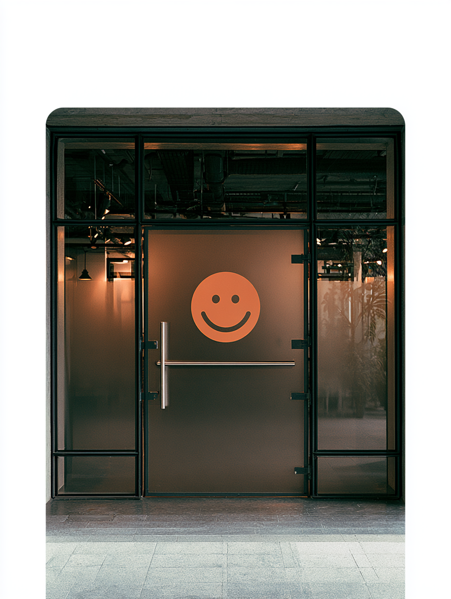 Toegangsdeur met oranje smiley aan een bedrijfsingang