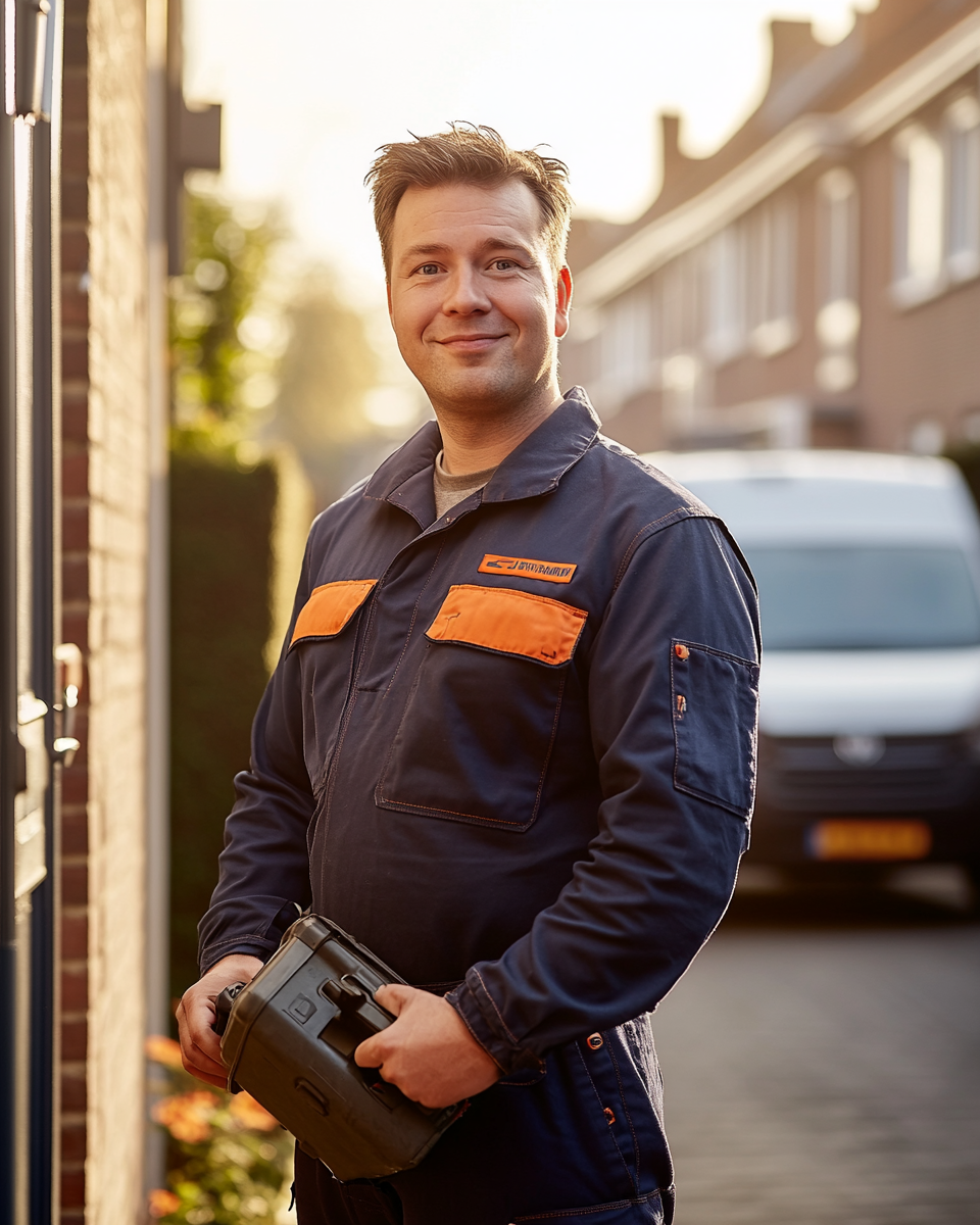 Technieker met gereedschapskoffer bij een bestelwagen