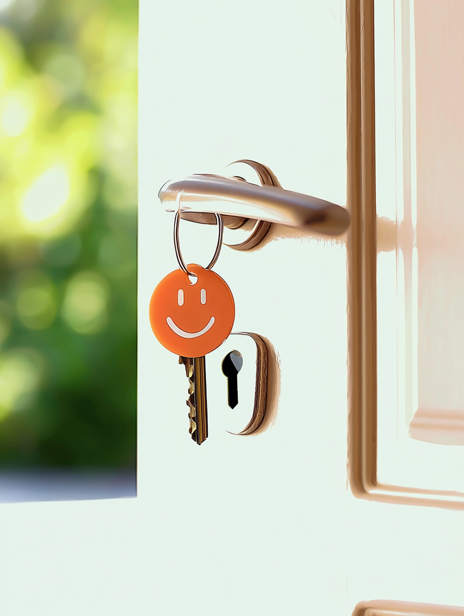 Sleutel met oranje smiley-sleutelhanger in een voordeur
