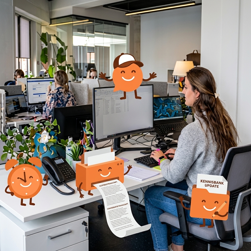 Memo-agenten aan het werk in het kantoor, met mascottes voor tijd, transcript en kennisbank