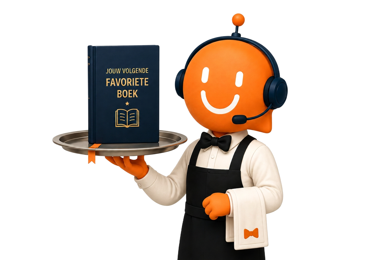Boeksommelier — orange mascotte met boek op dienblad