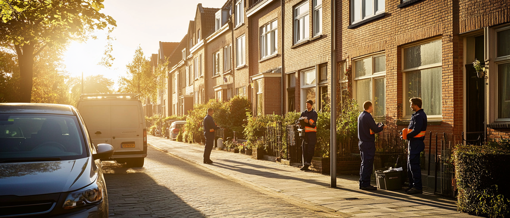 Technici met bestelwagen in een Vlaamse straat bij zonsopgang